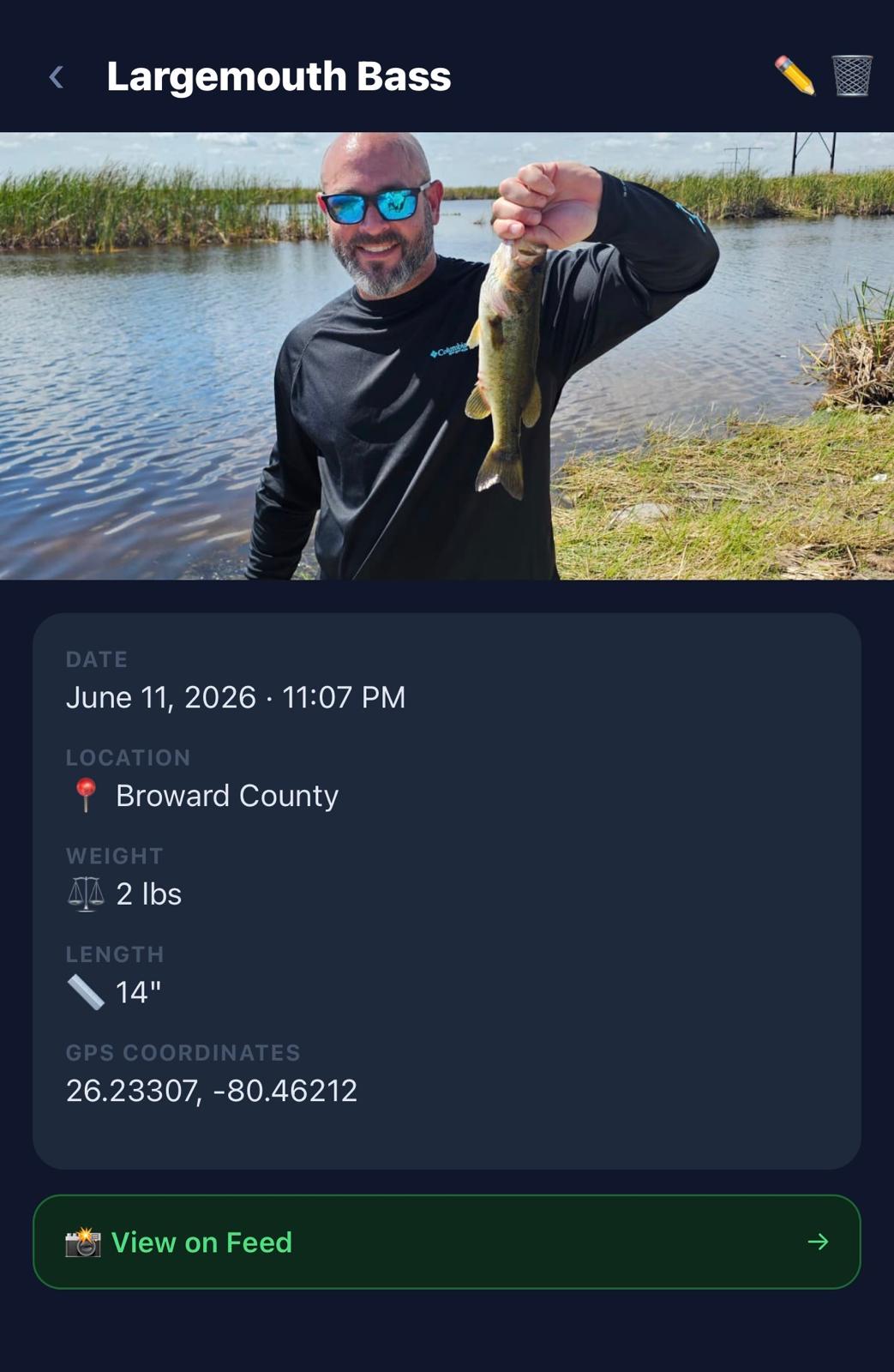 Catch journal entry showing a Largemouth Bass photo, date, location, weight, length and GPS coordinates