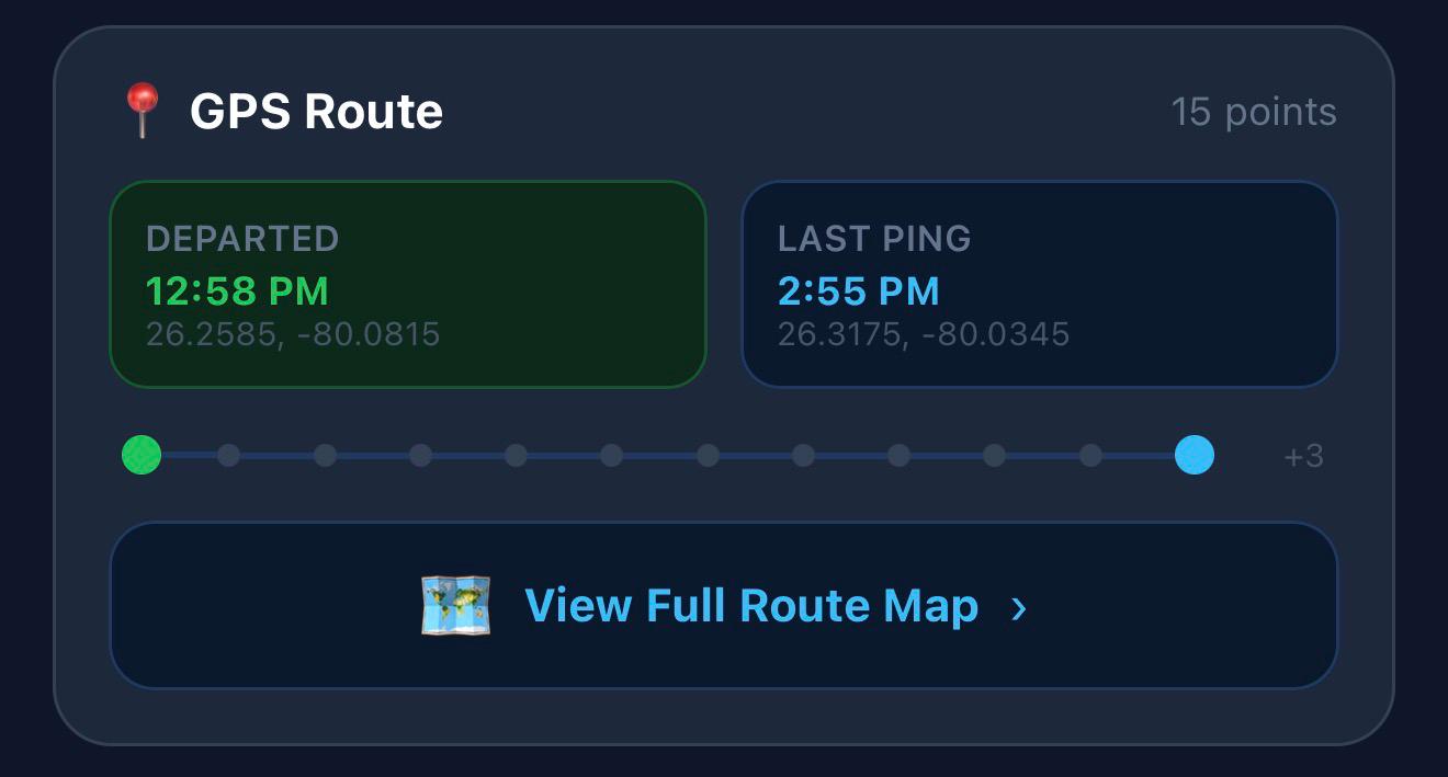 MyFishingBuds float plan live GPS route card on iPhone: Departed 12:58 PM at 26.2585 / -80.0815, Last Ping 2:55 PM at 26.3175 / -80.0345, 15 points along the route with a dot timeline, View Full Route Map link