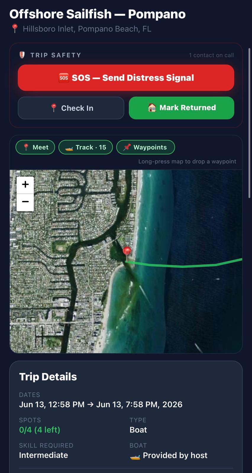 Trip Safety panel on the mobile trip detail showing a red SOS — Send Distress Signal button above Check In and Mark Returned controls, with "1 contact on call" status