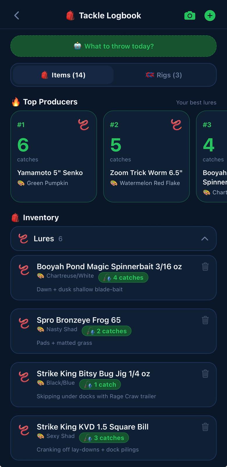 Tackle Logbook showing Top Producers carousel — Yamamoto Senko 6 catches, Zoom Trick Worm 5 catches — over a collapsible inventory list