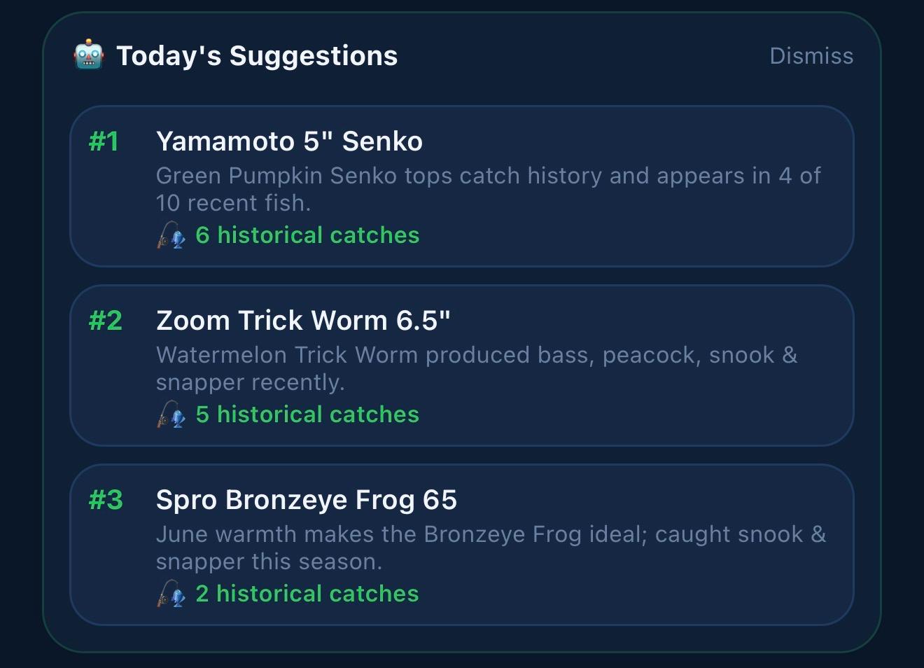 Today's Suggestions card ranking Yamamoto Senko, Zoom Trick Worm and Spro Bronzeye Frog with reasoning and historical catches