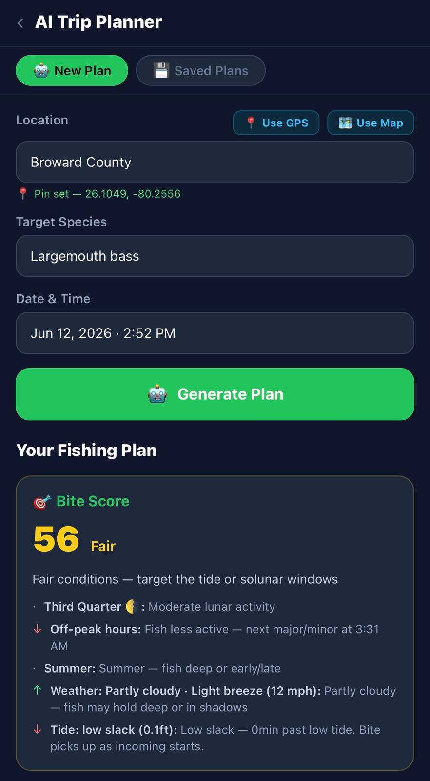 AI Trip Planner: New Plan form with Broward County, Largemouth bass, June 12 — and the resulting Bite Score 56 / Fair card with factors broken out