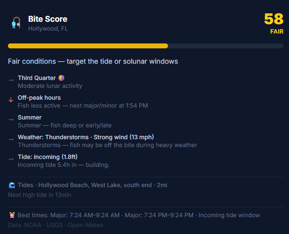 Bite Score card: 58 / FAIR for Hollywood, FL with moon phase, solunar windows, weather, and tide factors broken out