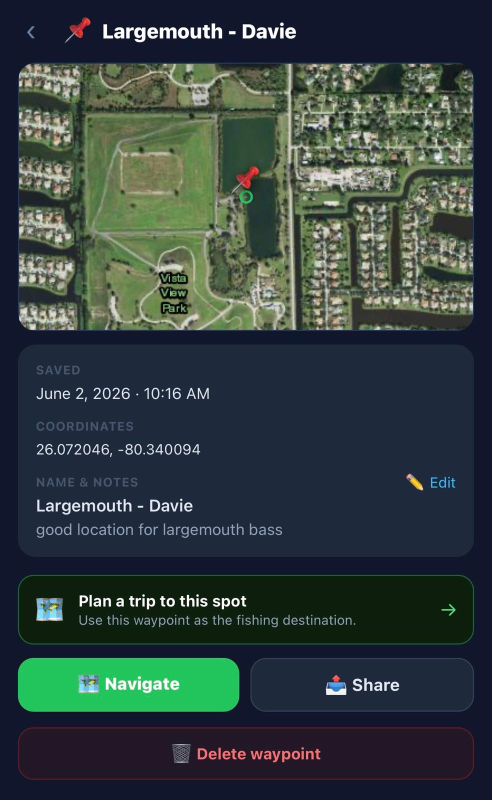 Waypoint detail screen showing a satellite map pin in Davie with coordinates, notes and Plan-a-trip / Navigate / Share controls